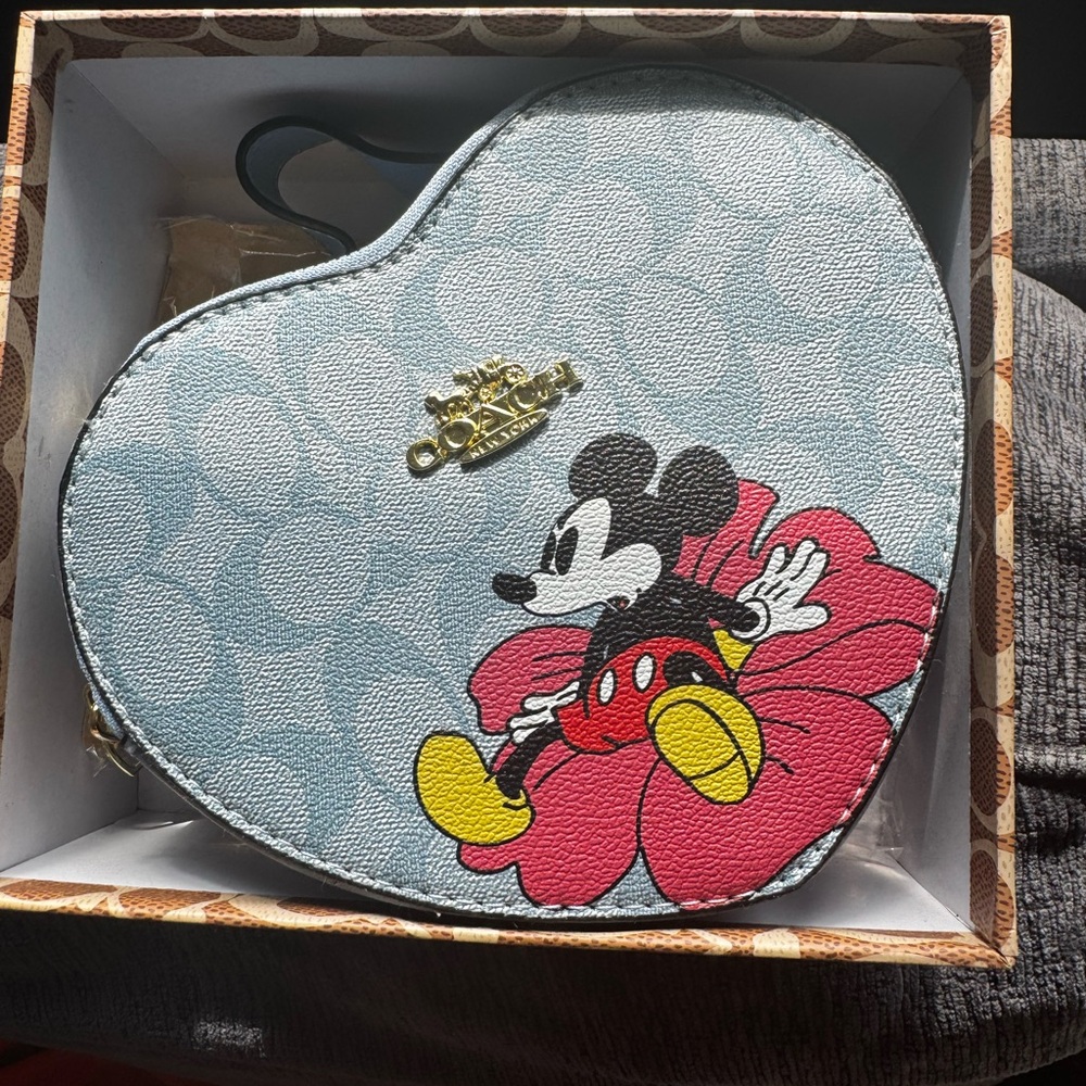 Coach Light Blue Heart Crossbody with Mickey Graphic